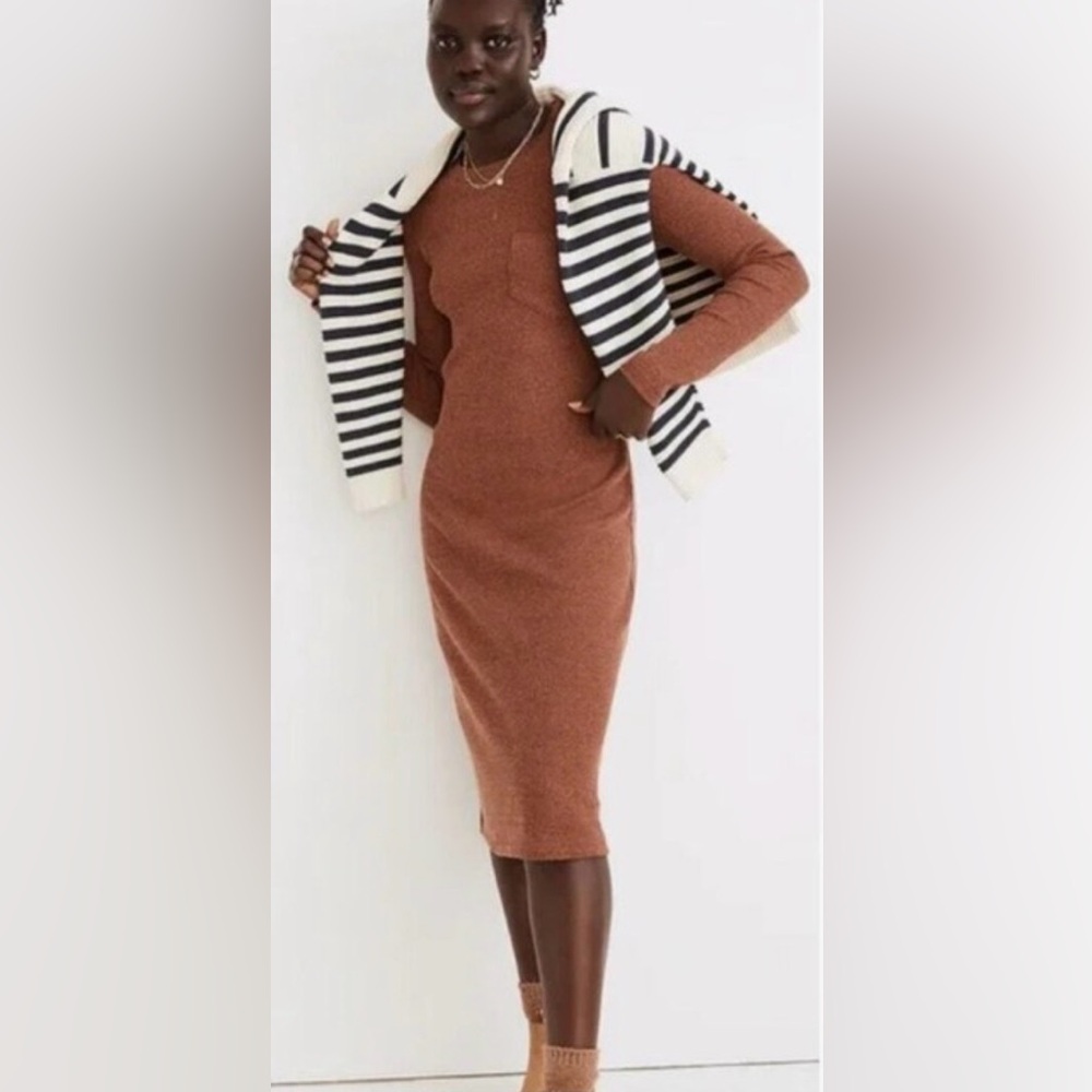 NWT Madewell Long-Sleeve Pocket Tee Midi Sweater Dress in Heather Warm Umber.